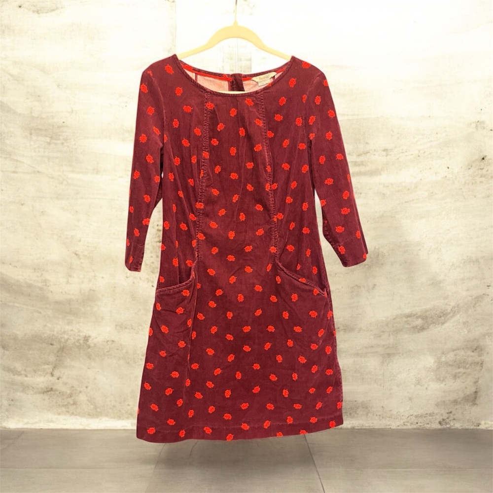 Boden Plum Purple & Cherry Red Leaf Corduroy 3/4 Sleeve Mini Shift Dress Pockets